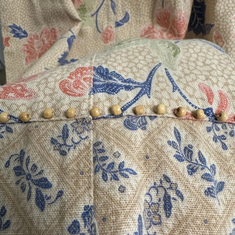 Cottagecore Linen Rayon Maxi Skirt Womens 4P Tan Floral Beaded Beach Vacation
